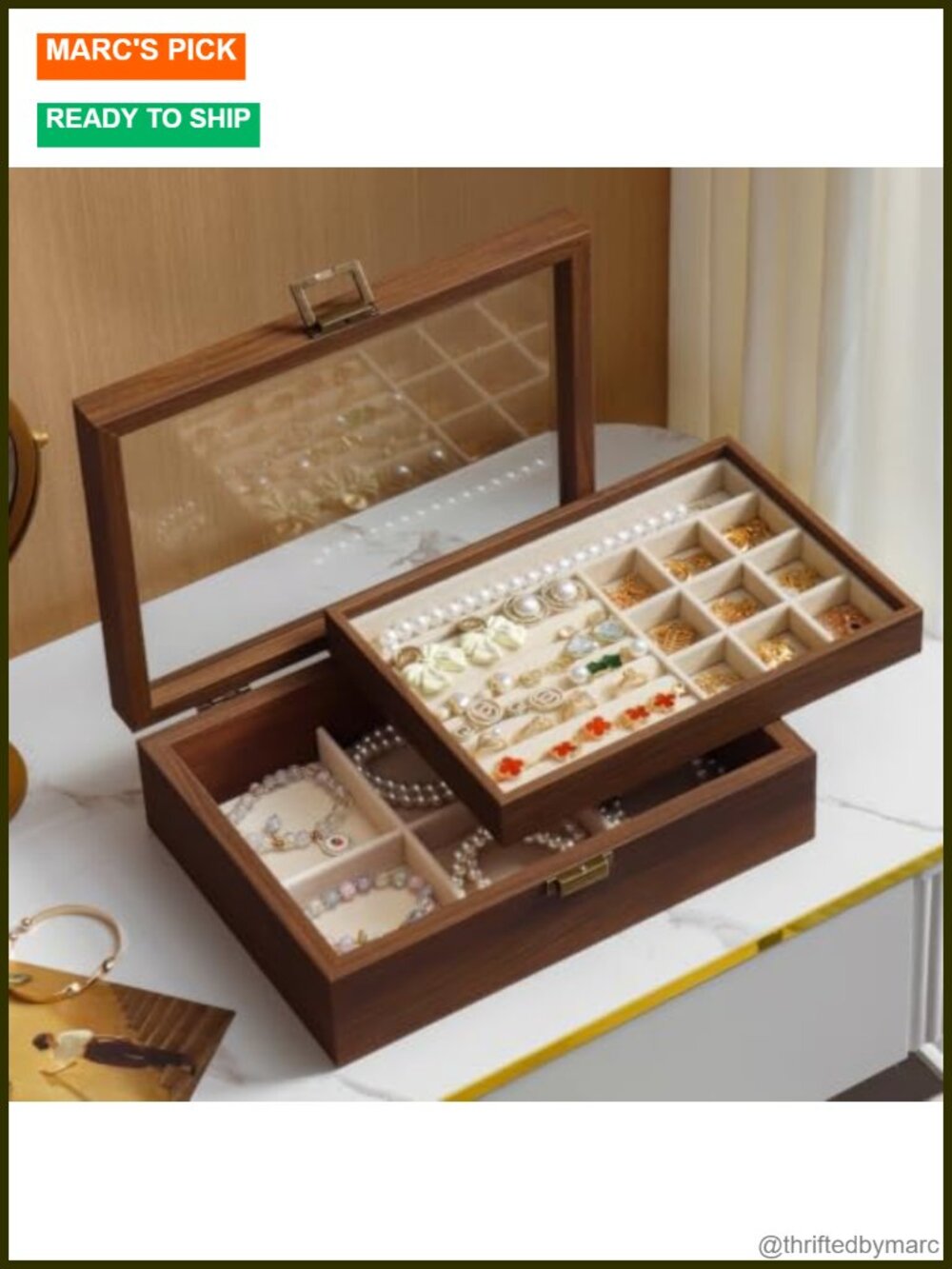 Walnut Wood Jewelry Box Glass Lid Dual Layer Organizer Velvet Lining